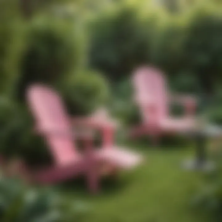 A serene outdoor setting featuring pink plastic Adirondack chairs against a lush garden backdrop