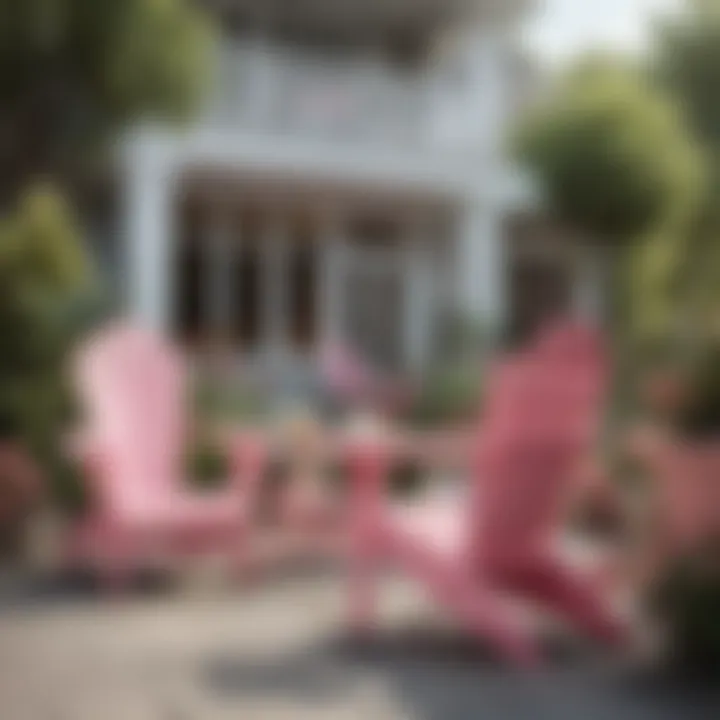 A stylish pink plastic Adirondack chair paired with complementary outdoor decor