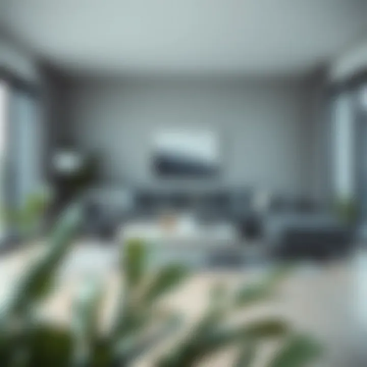 Serene Living Space Featuring a Grey Couch and Minimalist Decor A serene living space featuring a grey couch and minimalist decor