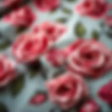 Close-up view of intricate rose patterns on fabric
