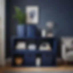 Elegant navy blue storage bins on a stylish shelf