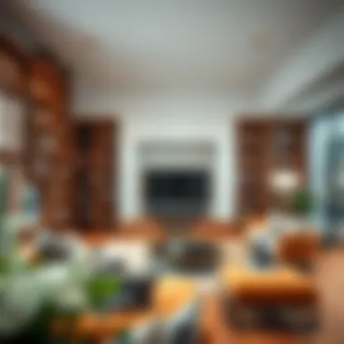 Modern Living Room with Wooden Bookcase Elegant wooden wide bookcase showcasing a modern living room