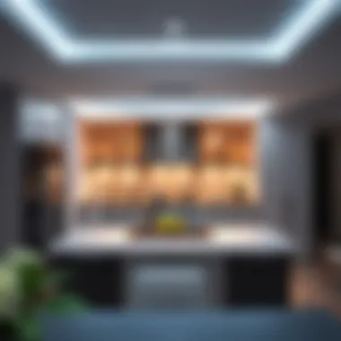 A stylish kitchen illuminated by ceiling work lights