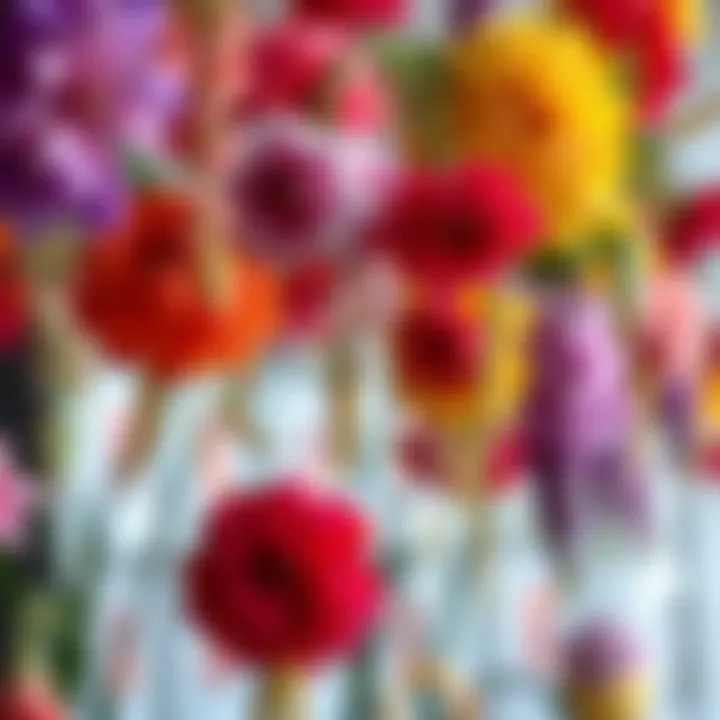 Event Arrangement with Colorful Hanging Flowers A colorful selection of artificial hanging flowers arranged for an event.