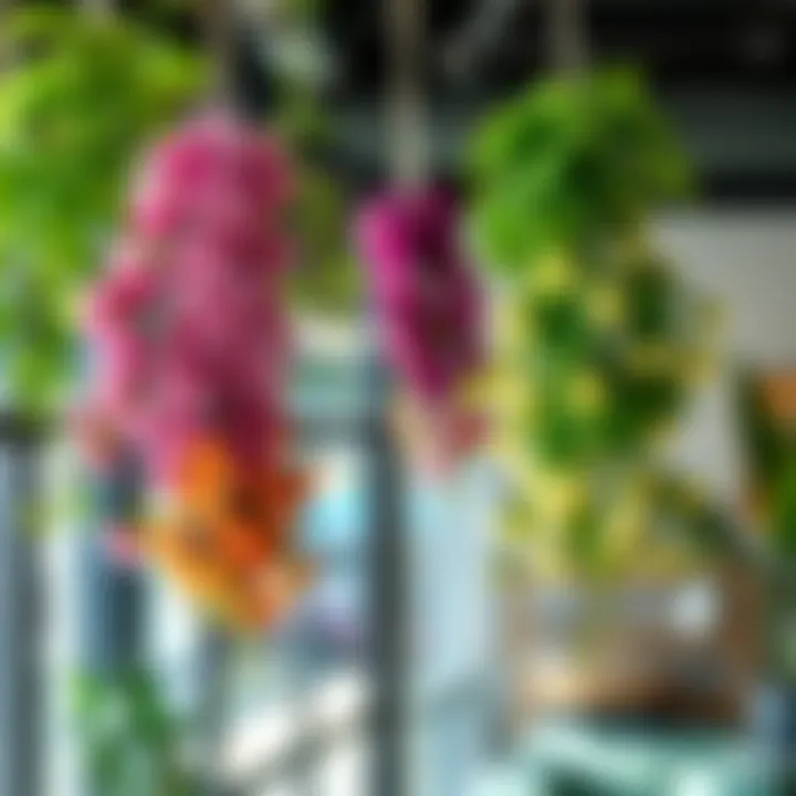 Trendy Interior Design Featuring Hanging Flora Trendy interior design incorporating artificial hanging flowers.