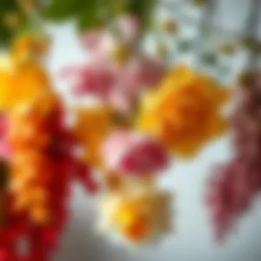 Quality and Detail in Artificial Flora Close-up of various artificial hanging flowers showcasing quality and detail.