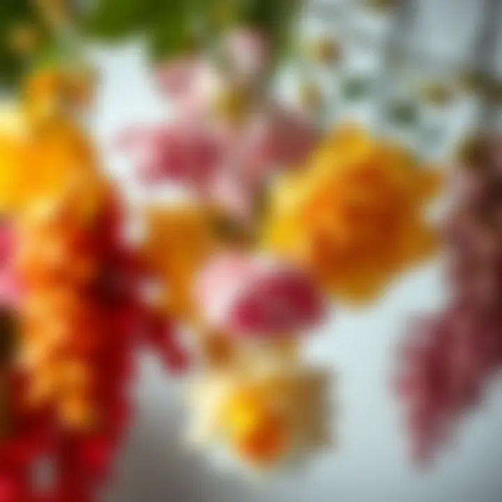 Quality and Detail in Artificial Flora Close-up of various artificial hanging flowers showcasing quality and detail.