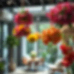 Vibrant artificial hanging flowers displayed in a stylish interior.