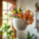 Stylish ceramic hanging pot with vibrant flowers