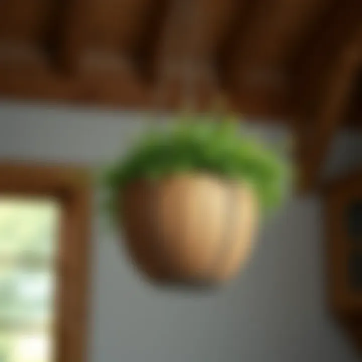 Rustic wooden hanging flower pot with greenery