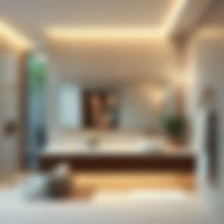 Modern bathroom layout emphasizing the spatial dynamics with a mirror