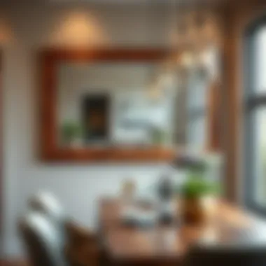 Chic dining area adorned with a large rectangle mirror framed in reclaimed wood, adding depth to the room