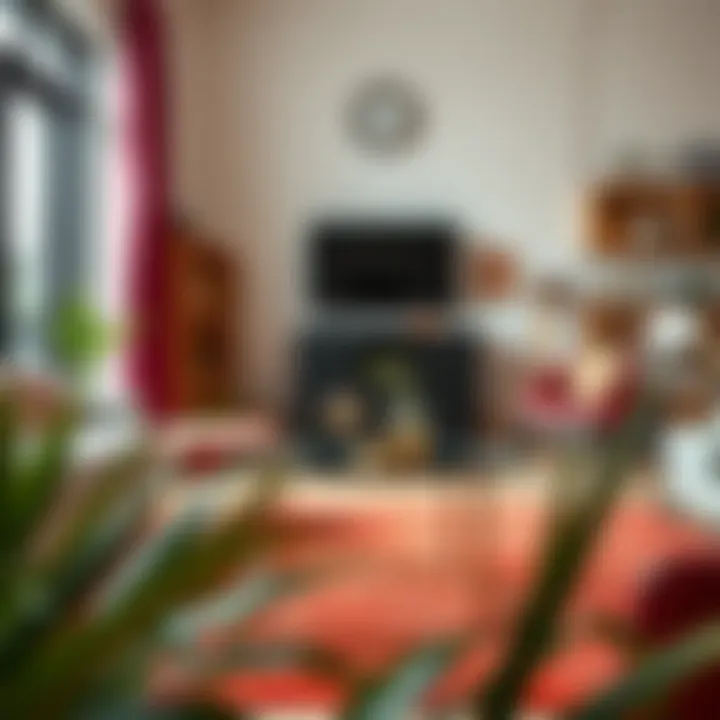 Round glass top metal coffee table showcased in a vibrant interior space