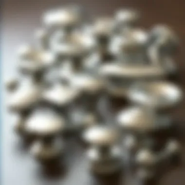 A variety of chrome knobs in different shapes and sizes