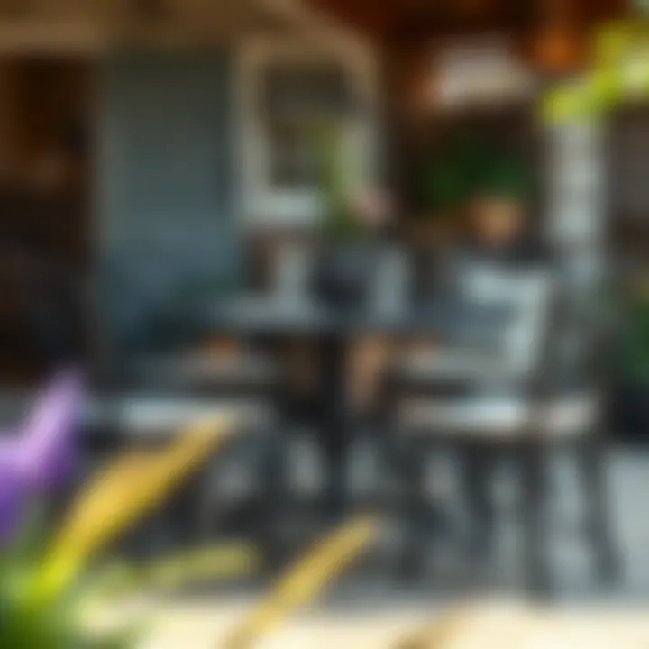 Black garden table complementing a rustic outdoor space