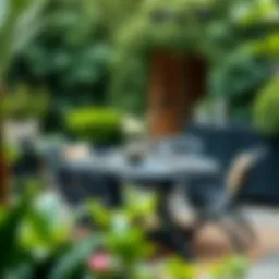 Elegant black garden table set in a lush green garden