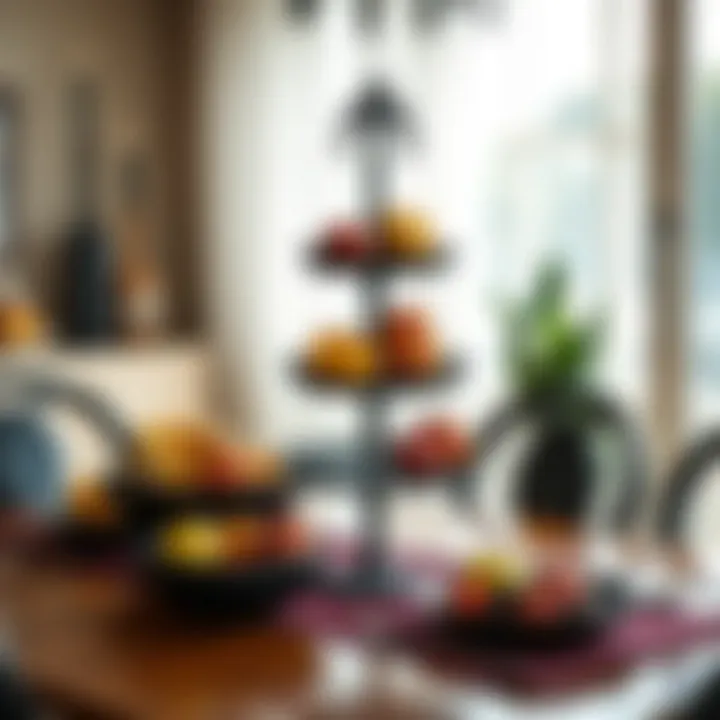 Decorative black tiered fruit stand enhancing a dining table