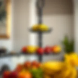 Elegant black tiered fruit stand showcasing vibrant fruits