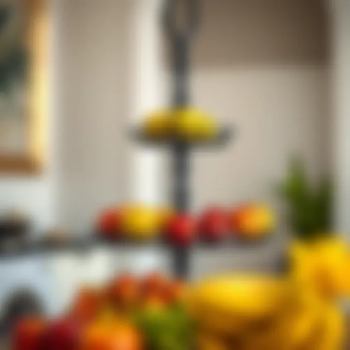 Elegant black tiered fruit stand showcasing vibrant fruits