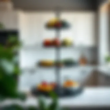 Stylish black tiered fruit stand in a modern kitchen setting