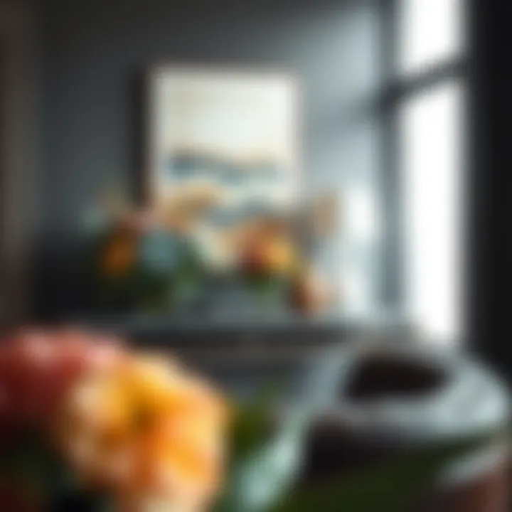 Console table showcasing fresh flowers and artwork