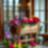 Elegant wooden flower box stand showcasing vibrant blooms