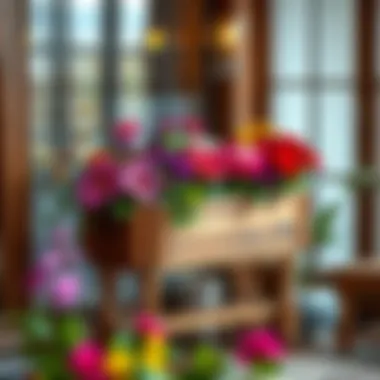 Elegant wooden flower box stand showcasing vibrant blooms