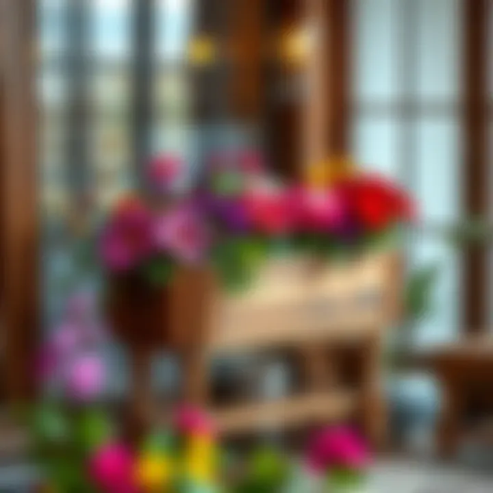 Elegant wooden flower box stand showcasing vibrant blooms