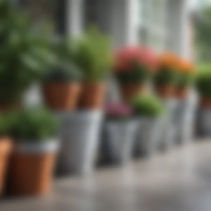 Various sizes of galvanized flower pots showcasing plant diversity