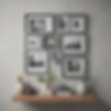 Creative arrangement of grey picture frames on a shelf