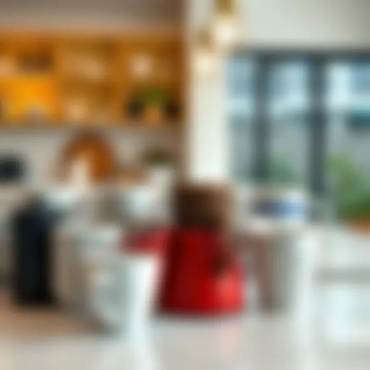 A collection of various 5 oz coffee mugs in a contemporary kitchen setting