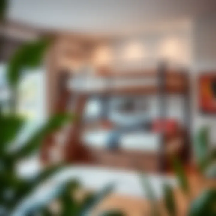 Space-Saving Bunk Bed Solution Space-saving twin full bunk bed with integrated stairs in a modern interior