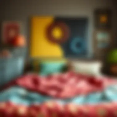 An eclectic mix of bright-colored bedding and artistic wall decor.