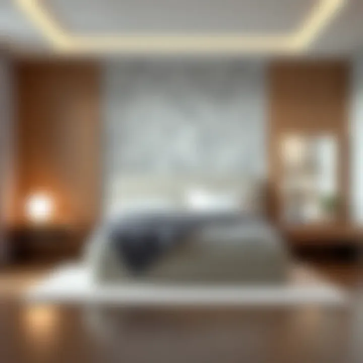 A minimalist bedroom set featuring geometric shapes and neutral tones.