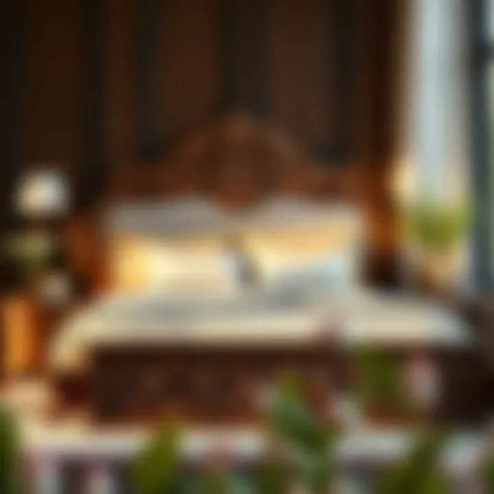 A strikingly designed wooden bed frame with intricate carvings.