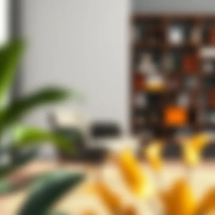 A stylish small padded chair with arms placed beside a modern bookshelf