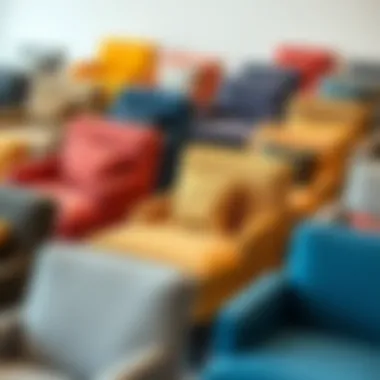 A collection of small padded chairs with varying fabrics and colors