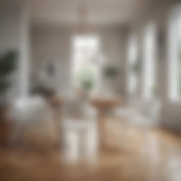 Stylish arrangement of white dining chairs around a wooden table