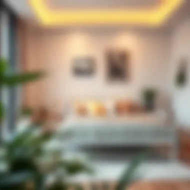 Stylish living space with white wire bed frame complementing decor