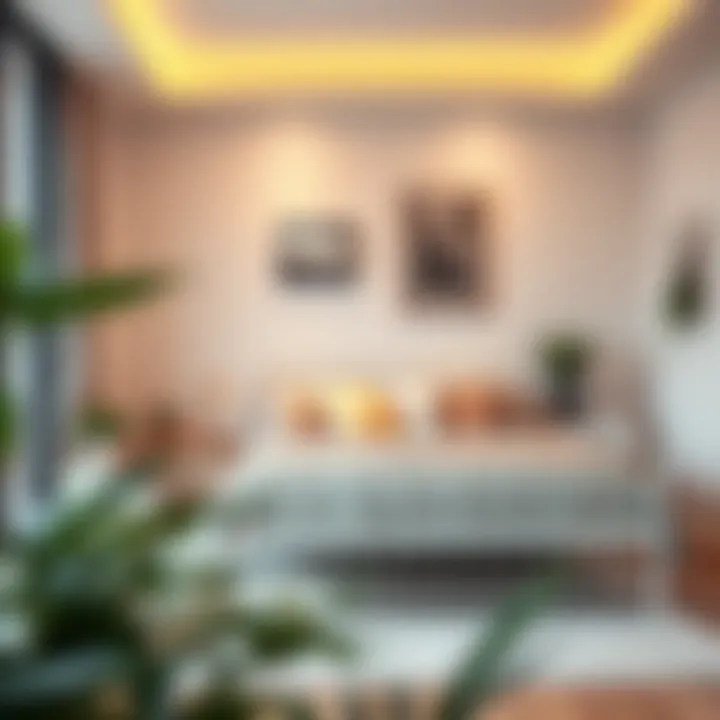 Stylish living space with white wire bed frame complementing decor