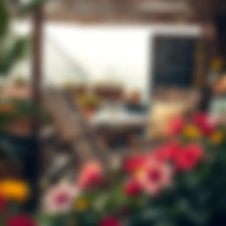 Rustic wooden lounge chairs nestled among flowers