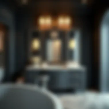 Luxurious vanity featuring decorative lights as a focal point in a lavish bathroom
