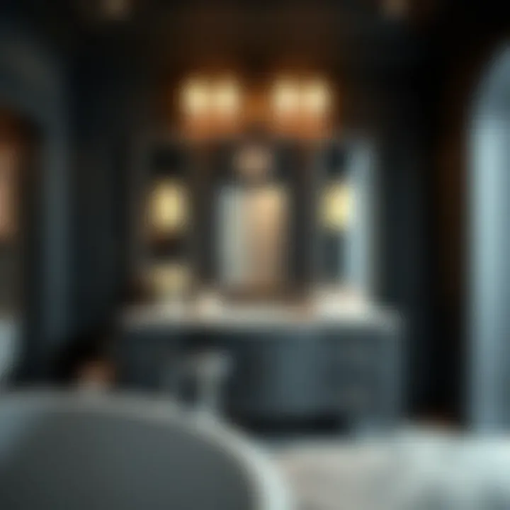 Luxurious vanity featuring decorative lights as a focal point in a lavish bathroom