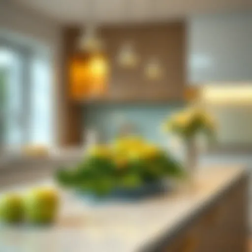 Modern Kitchen with Green Apple Centerpiece Vibrant green apple centerpiece on a modern kitchen island