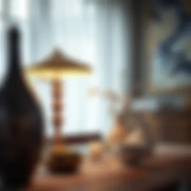 Close-up of a stylish table lamp and decorative elements on a dining table