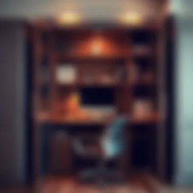 Interior view of a locking armoire with organized workspace