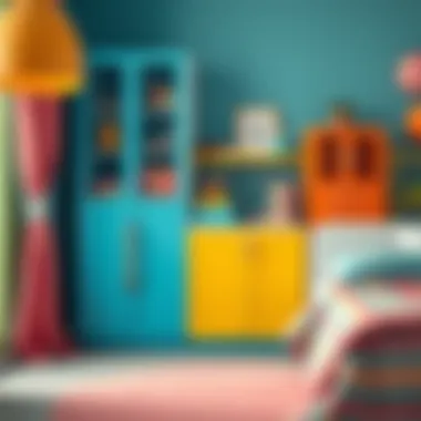 Colorful storage cabinet with decorative shelves for children's room