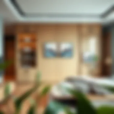 Elegant wooden storage cabinet with shelves in a modern bedroom