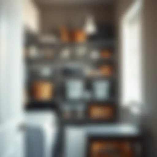 Stylish metal shelving in a modern laundry room showcasing organization.