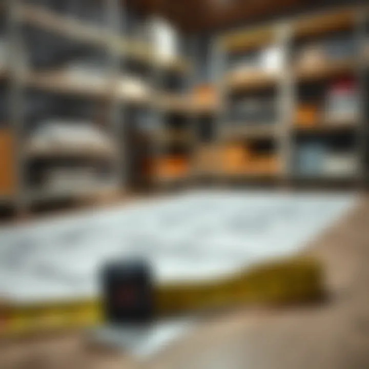 Measuring for Optimal Basement Shelving Fit A tape measure placed on a basement floor with shelving plans laid out.